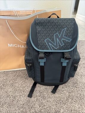 Michael Kors Teal navy blue cooper cornflower pocket MK Flap drawstring Backpack